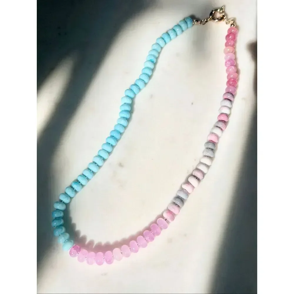 Pastel Pink Blue Beaded Necklace Coastal Y2K Mermaidcore Jewelry